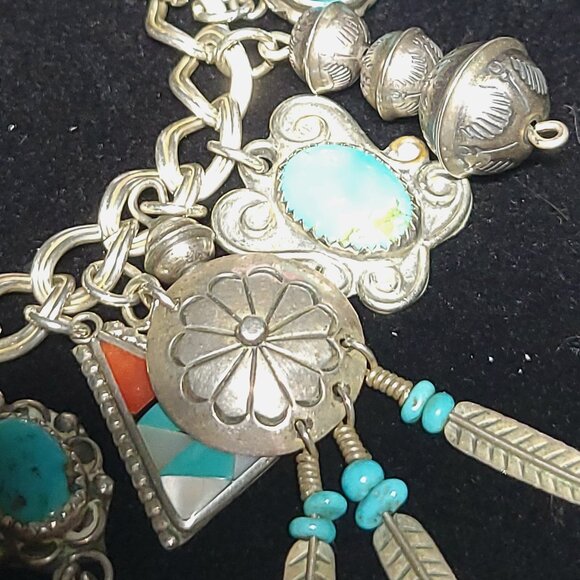 NAVAJO, HOPI, ZUNI & PAWN Turquoise Spiny Oyster, Lapis, Coral CHARM BRACELET - Picture 5 of 12